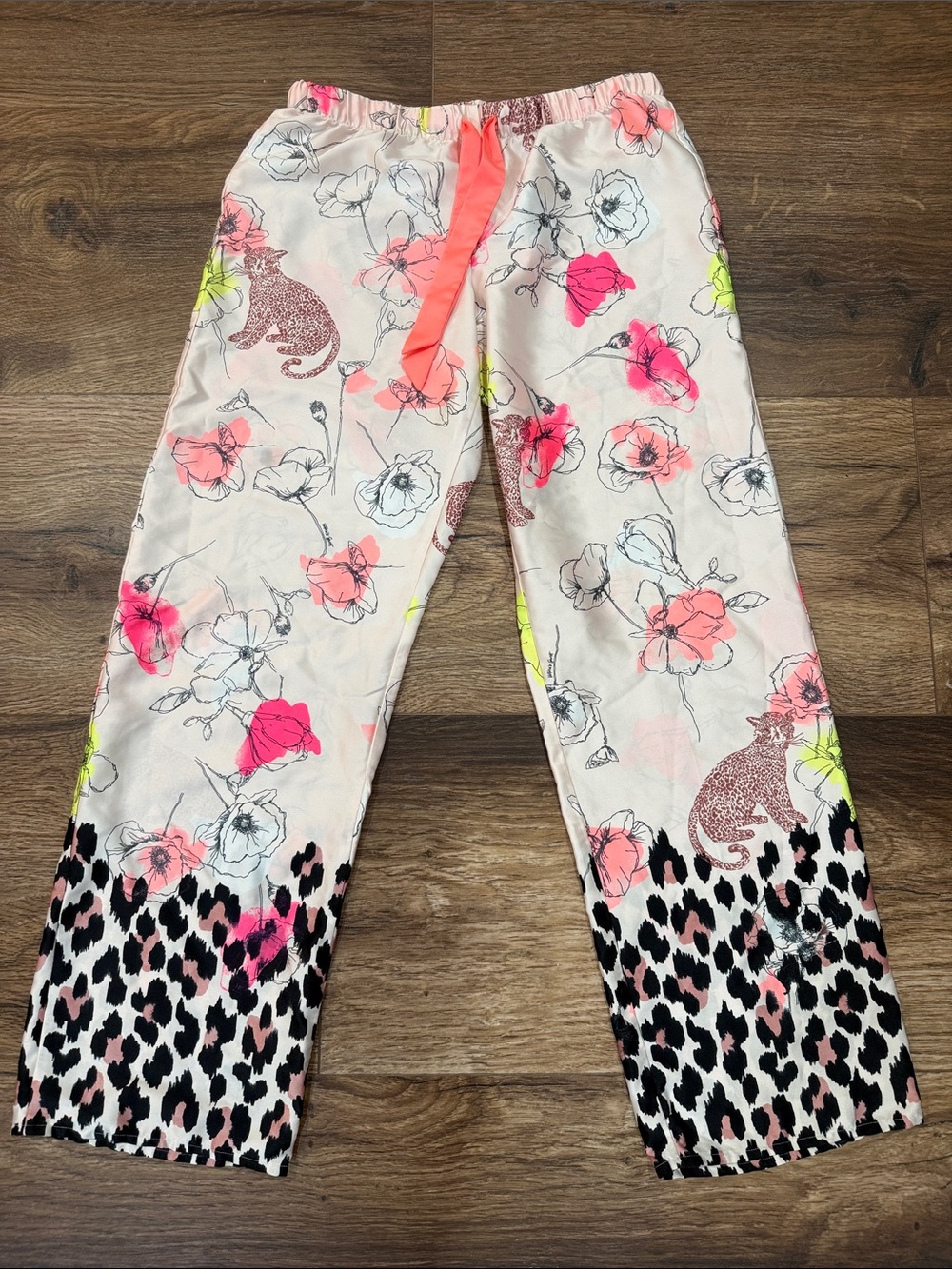 Victorias Secret Floral & Leopard Print Pink Lounge Pants-satin feel